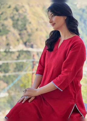 2 Pc Red Cotton Kurti Set