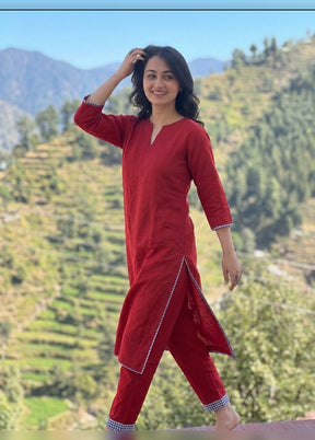2 Pc Red Cotton Kurti Set