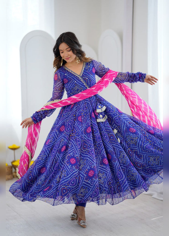 3 Pc Royal Blue Georgette Anarkali Kurti Set