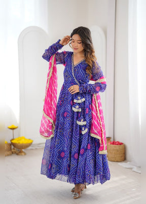 3 Pc Royal Blue Georgette Anarkali Kurti Set