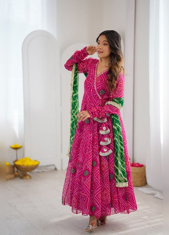 3 Pc Pink Georgette Anarkali Kurti Set