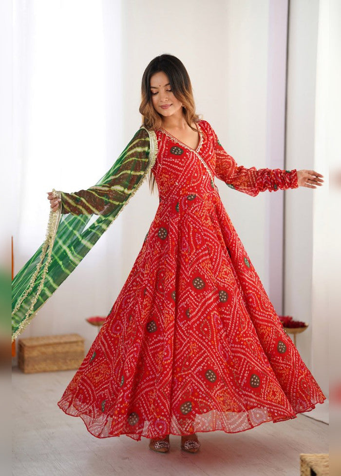 3 Pc Red Georgette Anarkali Kurti Set