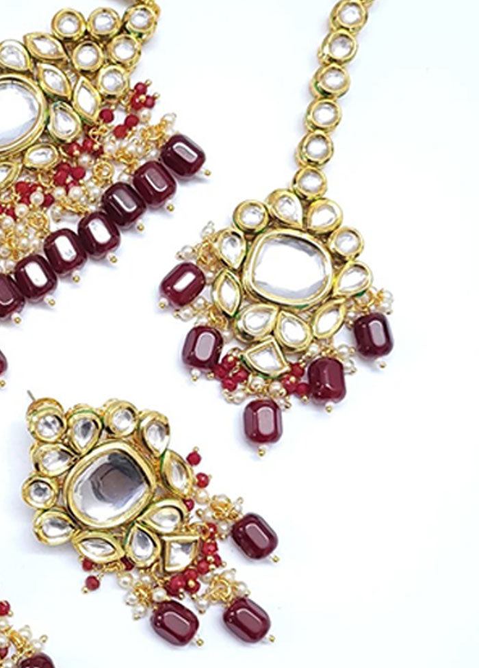 Maroon Kundan Polki Choker Set With Mangtika - Indian Silk House Agencies