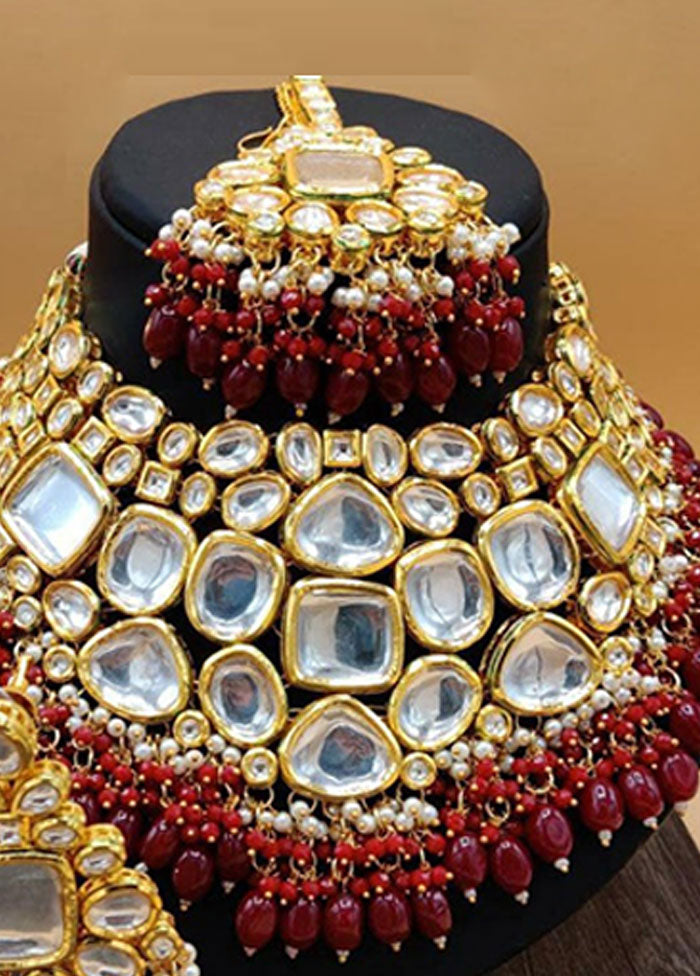 Red Kundan Polki Jewellery Set With Mangtika - Indian Silk House Agencies