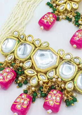 Pink Beaded Polki Kundan Choker Set - Indian Silk House Agencies