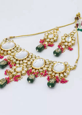 Bottle Green Beaded Kundan Choker Set With Mangtika - Indian Silk House Agencies