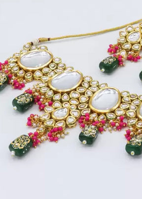 Bottle Green Beaded Kundan Choker Set With Mangtika - Indian Silk House Agencies