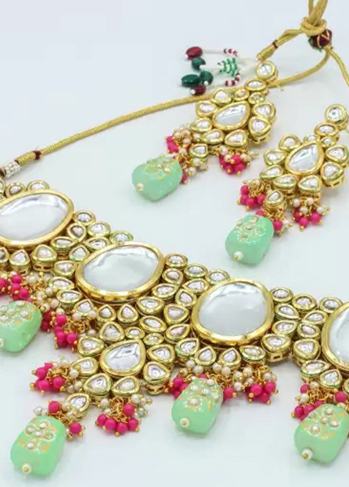 Mint Green Beaded Kundan Choker Set With Mangtika - Indian Silk House Agencies