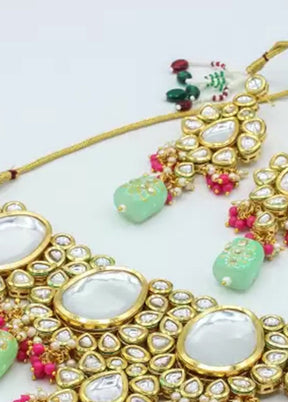 Mint Green Beaded Kundan Choker Set With Mangtika - Indian Silk House Agencies