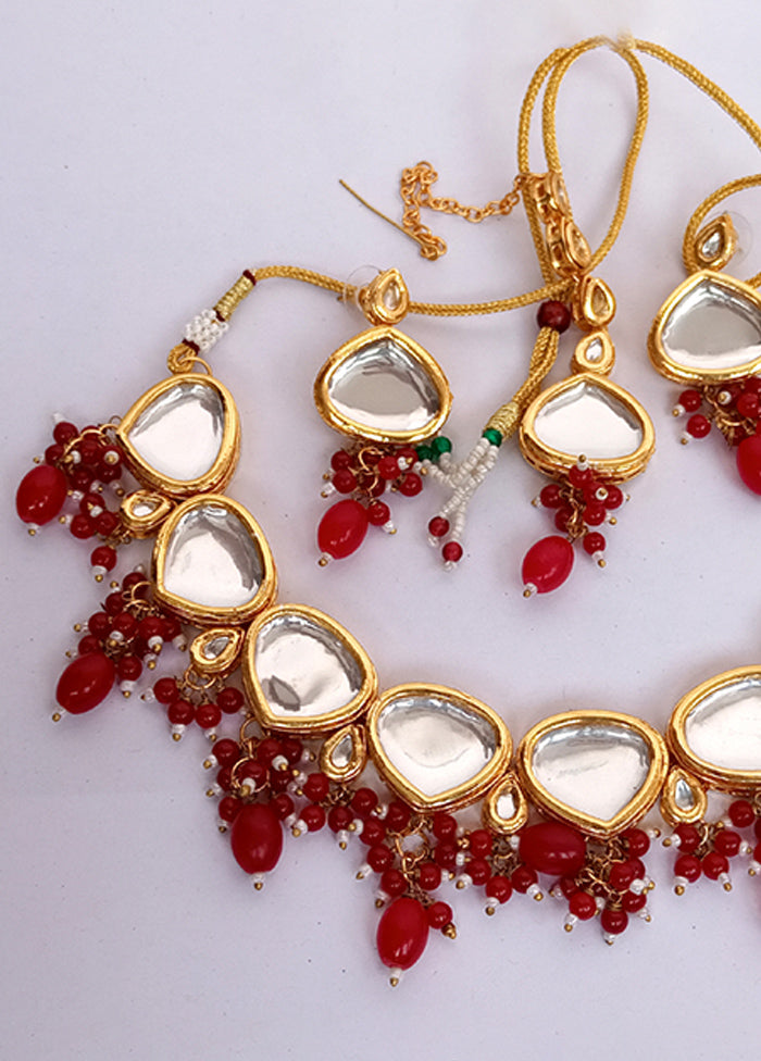 Kundan Studded Red Jewellery Set With Mangtika - Indian Silk House Agencies