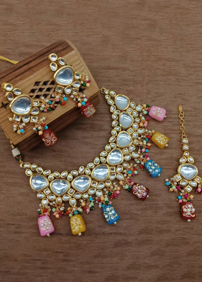 Golden Kundan Work Alloy Necklace Set - Indian Silk House Agencies