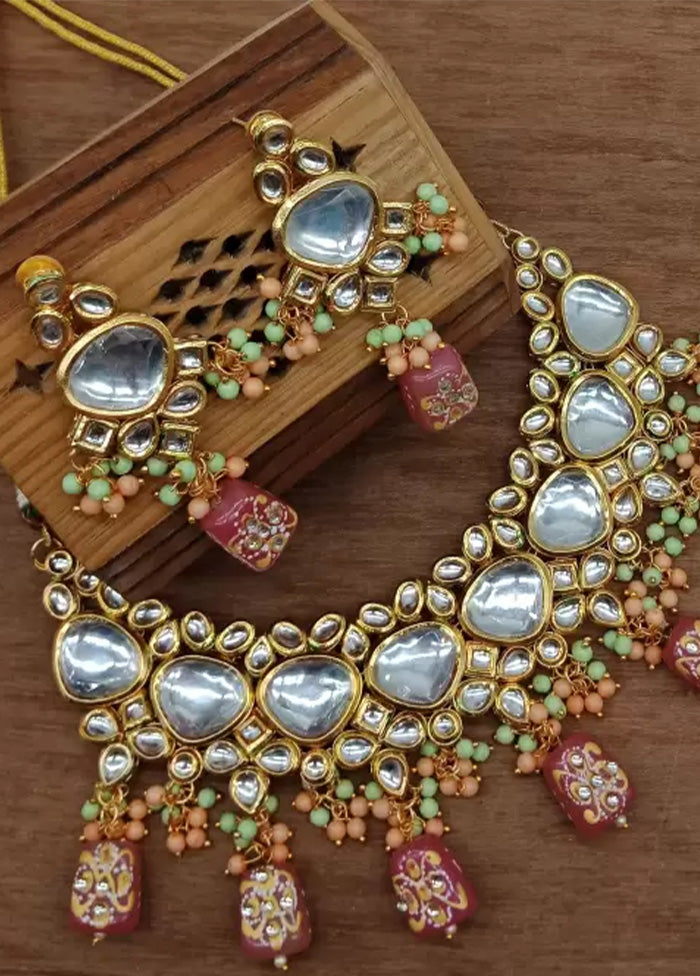 Golden Kundan Work Alloy Necklace Set - Indian Silk House Agencies