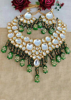 Golden Kundan Work Alloy Necklace With Earrings Set - Indian Silk House Agencies