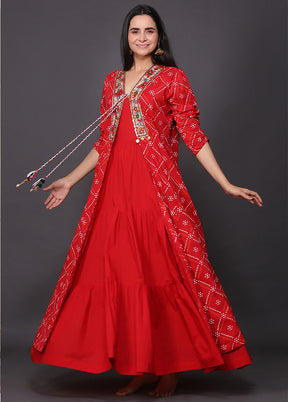 Red Readymade Cotton With Jacket Indian Dress Red Readymade Cotton With Jacket Indian Dress