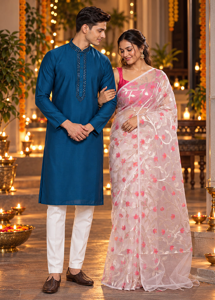 Kandil Jodi – Pink Organza Saree & Blue Silk Kurta Set