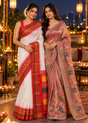 Komal Kiran Duo – White Kanchipuram & Peach Tissue Silk Sarees