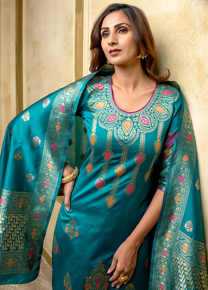 3 Pc Blue Unstitched Silk Suit Set With Dupatta VDLL002270747 - Indian Silk House Agencies