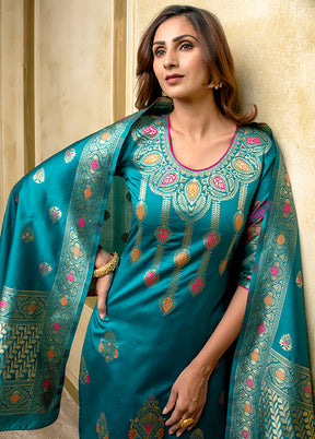 3 Pc Blue Unstitched Silk Suit Set With Dupatta VDLL002270747 - Indian Silk House Agencies
