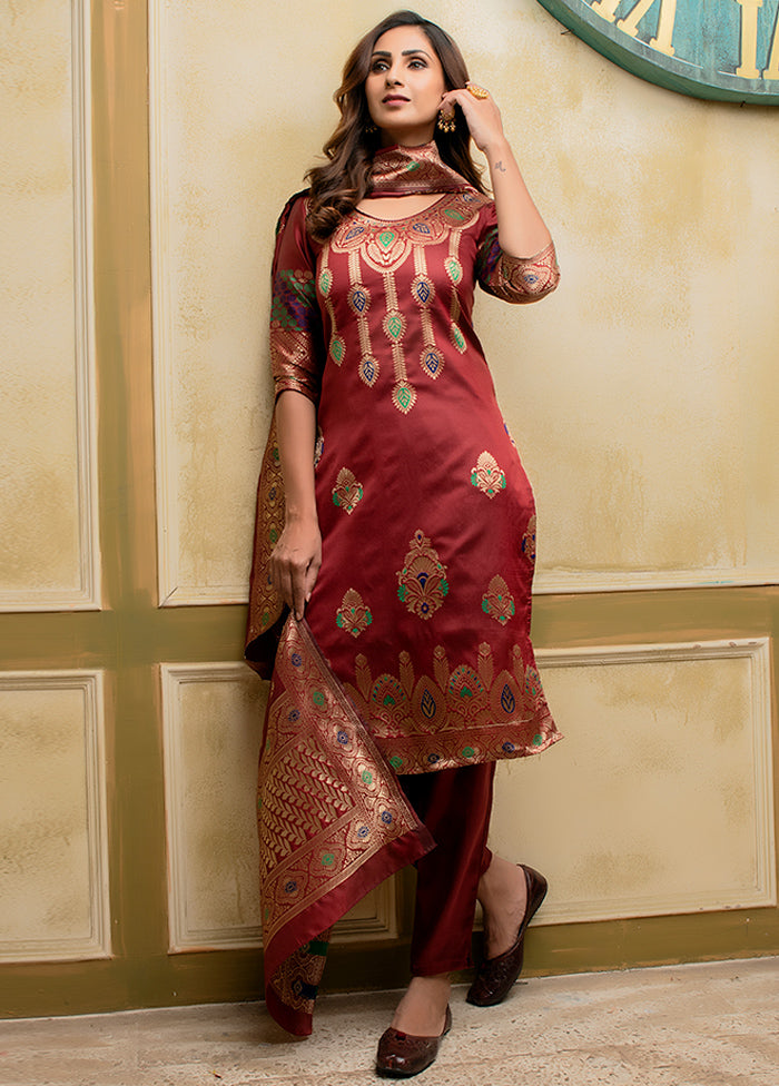 3 Pc Red Unstitched Silk Suit Set With Dupatta VDLL002270749 - Indian Silk House Agencies