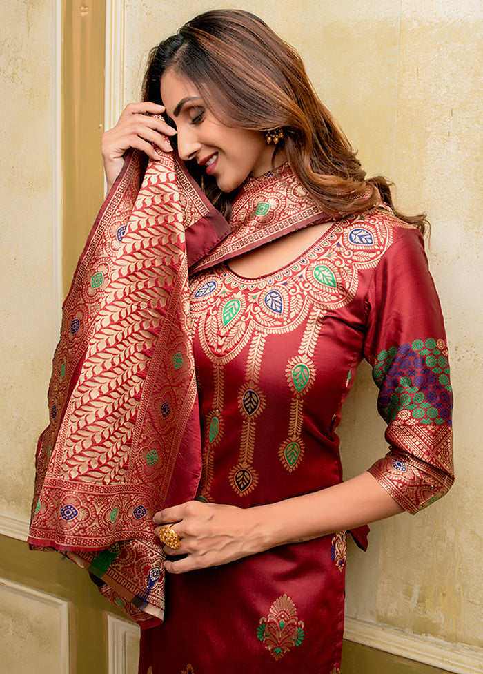 3 Pc Red Unstitched Silk Suit Set With Dupatta VDLL002270749 - Indian Silk House Agencies