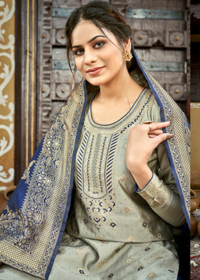 3 Pc Grey Unstitched Silk Suit Set With Dupatta VDLL002270754 - Indian Silk House Agencies