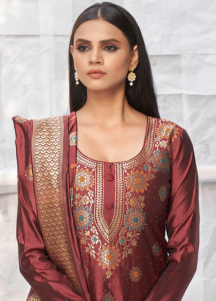3 Pc Maroon Unstitched Silk Suit Set With Dupatta VDLL002270765 - Indian Silk House Agencies