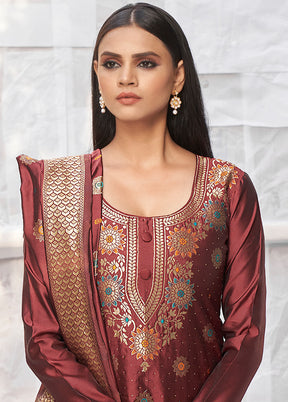 3 Pc Maroon Unstitched Silk Suit Set With Dupatta VDLL002270765 - Indian Silk House Agencies