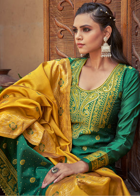 3 Pc Green Unstitched Silk Suit Set With Dupatta VDLL002270768 - Indian Silk House Agencies