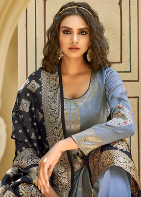 3 Pc Grey Unstitched Silk Suit Set With Dupatta VDLL002270776 - Indian Silk House Agencies