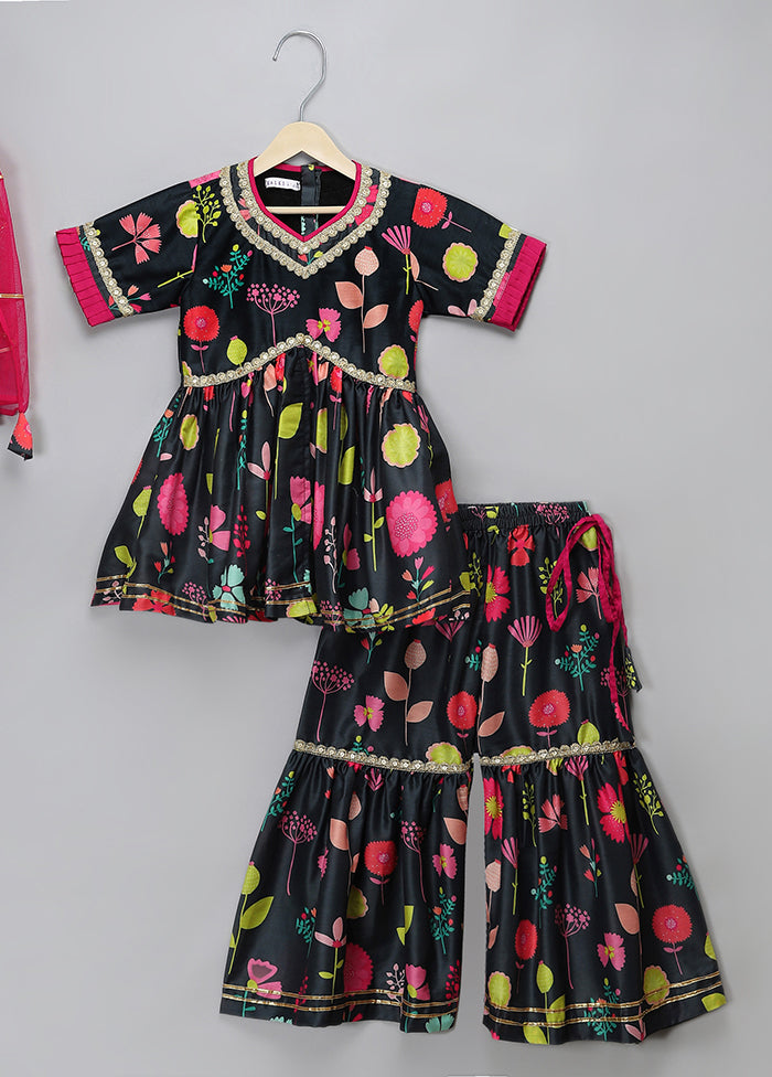 3 Pc Black Silk Sharara Set