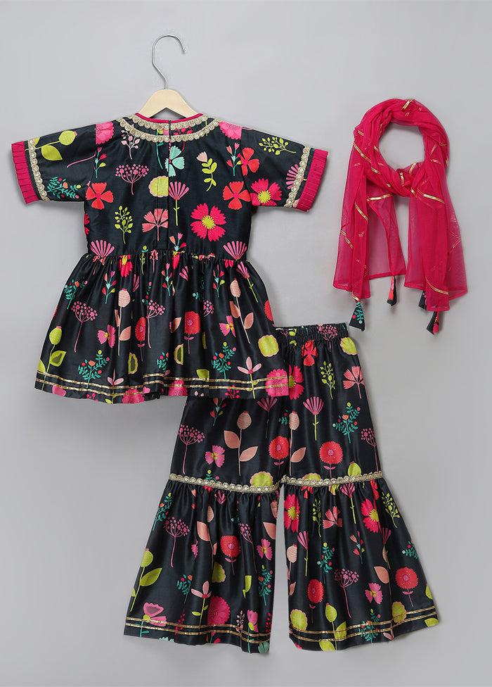 3 Pc Black Silk Sharara Set