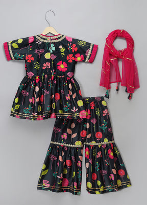 3 Pc Black Silk Sharara Set