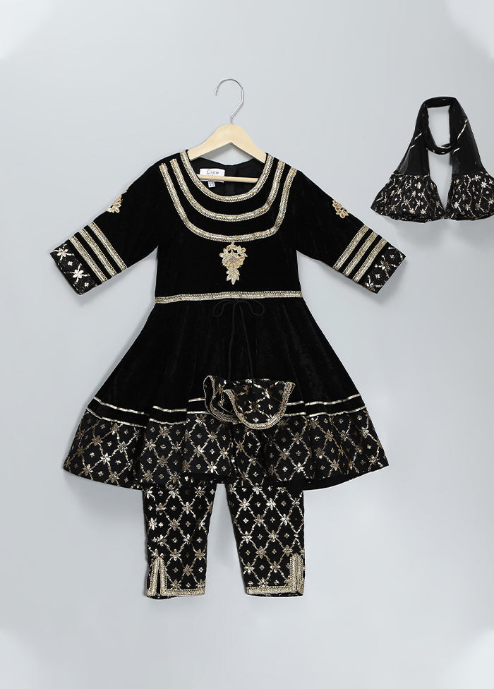 3 Pc Black Silk Anarkali Set