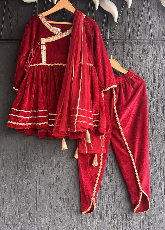 3 Pc Maroon Velvet Angrakha Set