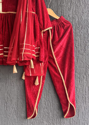 3 Pc Maroon Velvet Angrakha Set