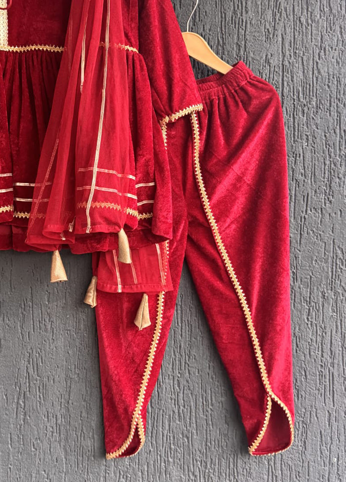 3 Pc Maroon Velvet Angrakha Set