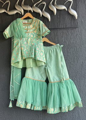 3 Pc Green Silk Sharara Set