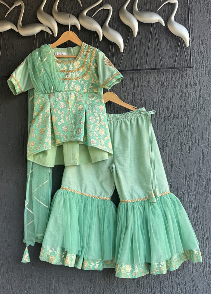 3 Pc Green Silk Sharara Set