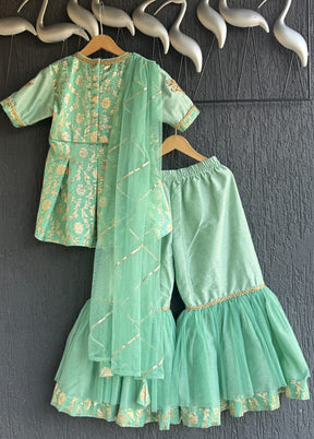 3 Pc Green Silk Sharara Set
