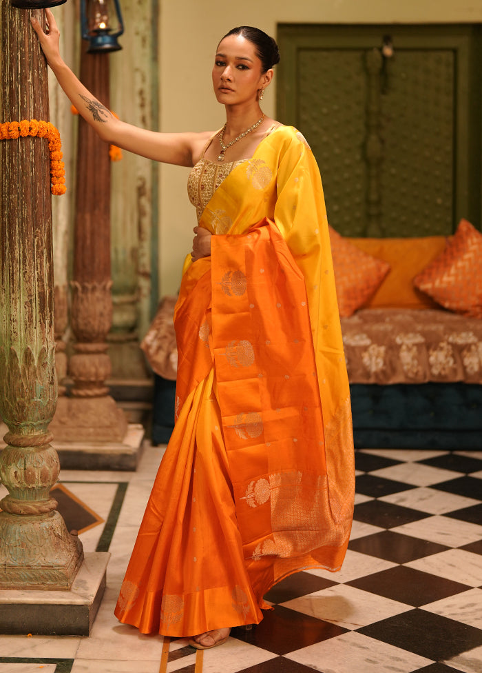 Orange Handloom Dupion Pure Silk Saree With Blouse Piece
