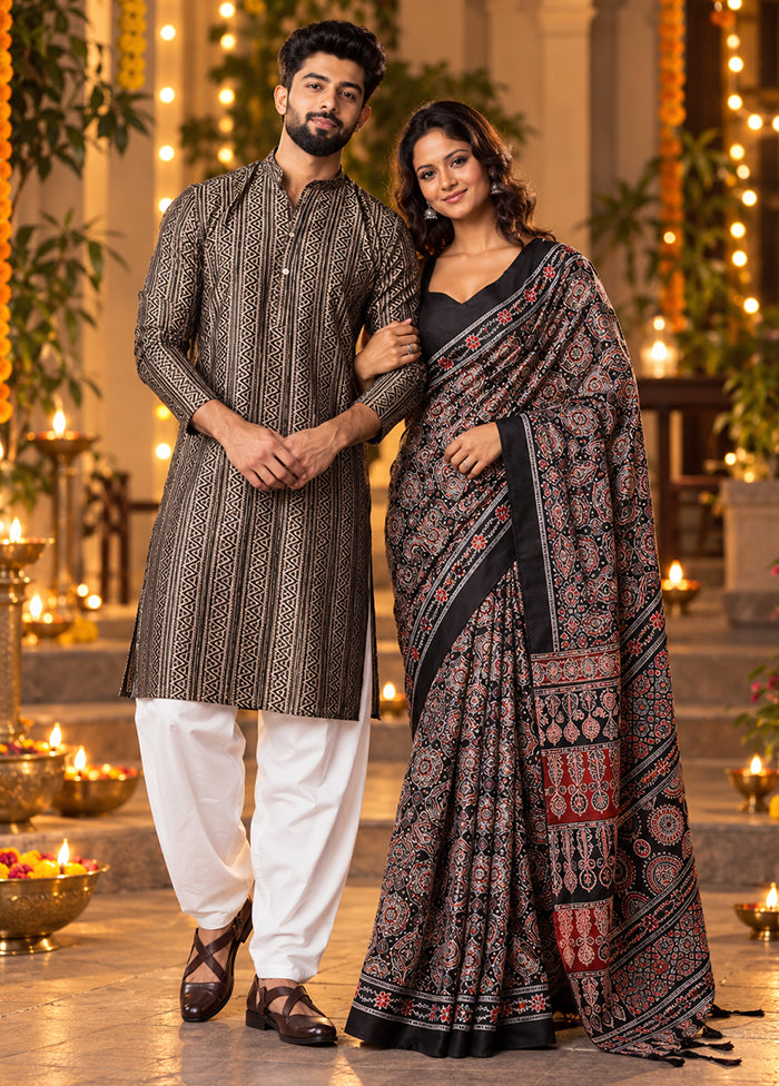 Mangal Deep Jodi – Black Printed Silk Saree & Black Silk Kurta Set