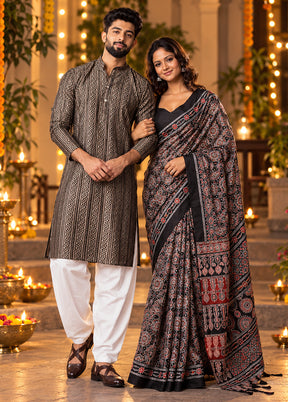 Mangal Deep Jodi – Black Printed Silk Saree & Black Silk Kurta Set