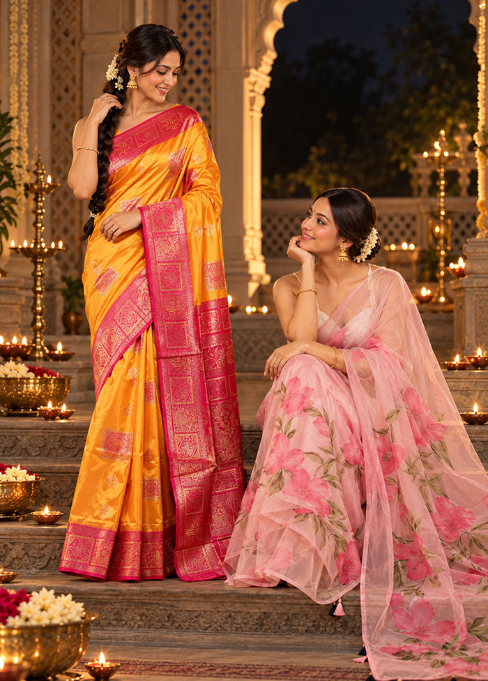 Mangalik Duo – Yellow Baluchari & Pink Organza Sarees