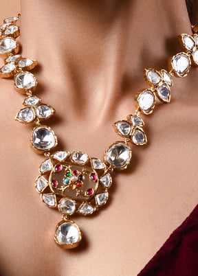 Polki Necklace In Grey Pendent Earrings With Push Back - Indian Silk House Agencies
