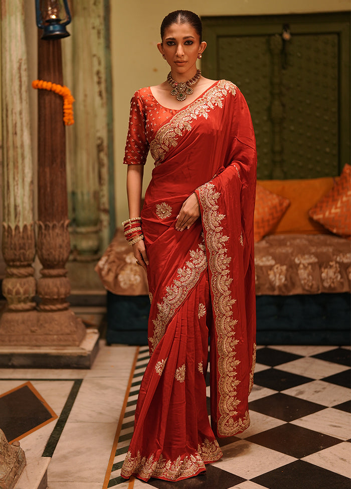 Red Handloom Pure Georgette Saree Without Blouse Piece