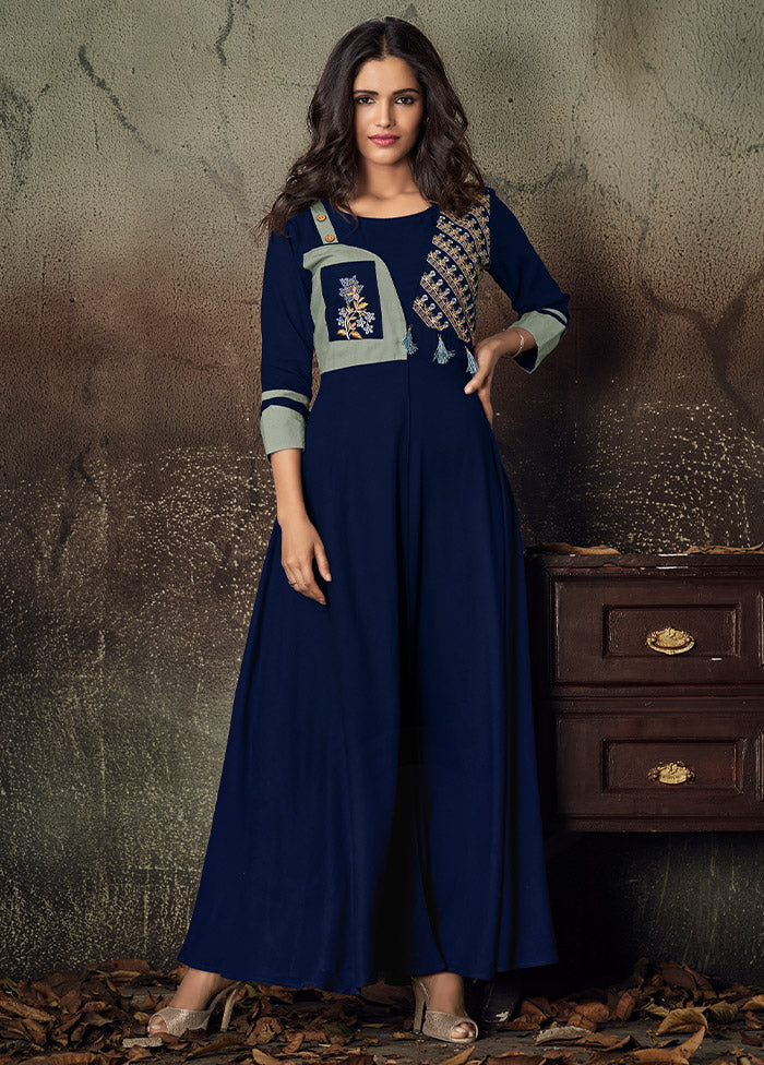 Navy Blue Readymade Rayon Gown - Indian Silk House Agencies