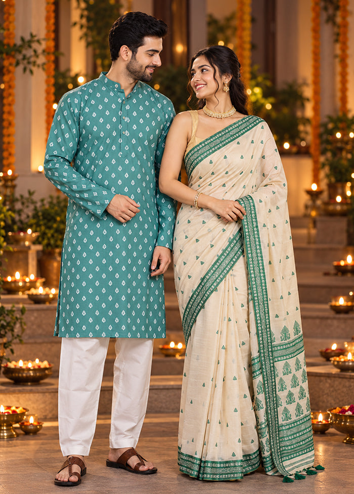 Phuljhari Jodi – Cream Assam Silk Saree & Green Cotton Kurta Set