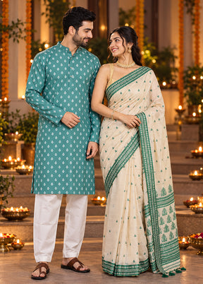 Phuljhari Jodi – Cream Assam Silk Saree & Green Cotton Kurta Set