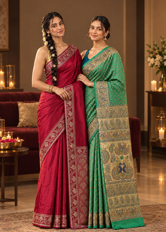 Puja to Party Duo – Maroon Banarasi & Green Printed Silk Sarees