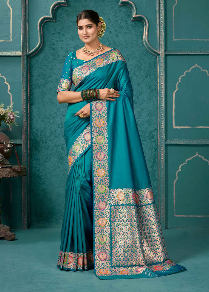 Blue Katan Silk Saree With Blouse Piece